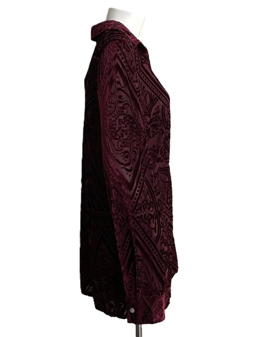 Foxcroft Top Sz 10 Burgundy Velvet Burnout Button Down Blouse Semi-Sheer Luxury